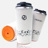Organo stainless steel coffee ground tumbler with recycled coffee grounds exterior and SMART SUCTION BASE for sustainable, spill-resistant everyday use.