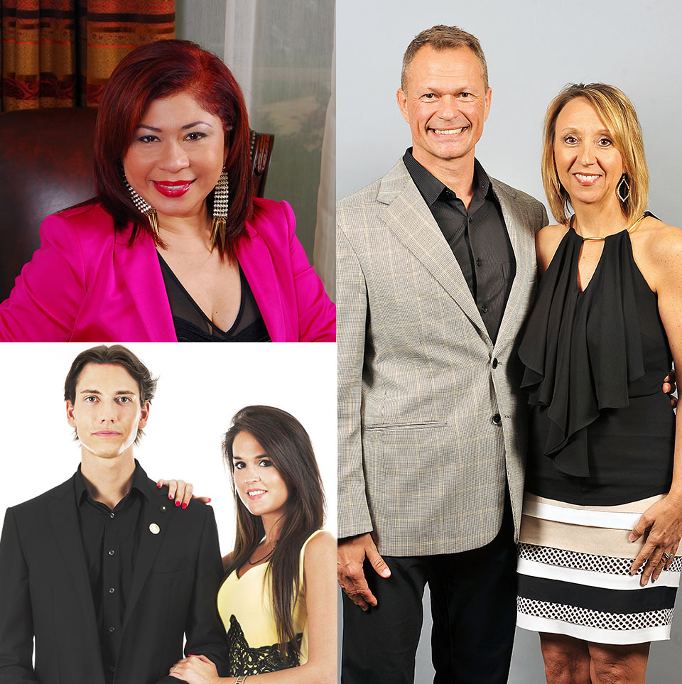 Collage of users in 3 image grid.  Top left - woman in fuscia jacket.  Right - couple standing side by side.  Bottom left - man in black suit and woman in yellow and black dress standing.