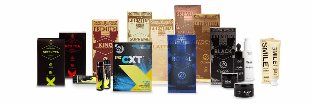 Collection of Organo products: teas, coffees, and other products.