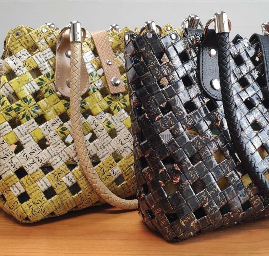 Two Organo bags in black and  yellow-white pattern.