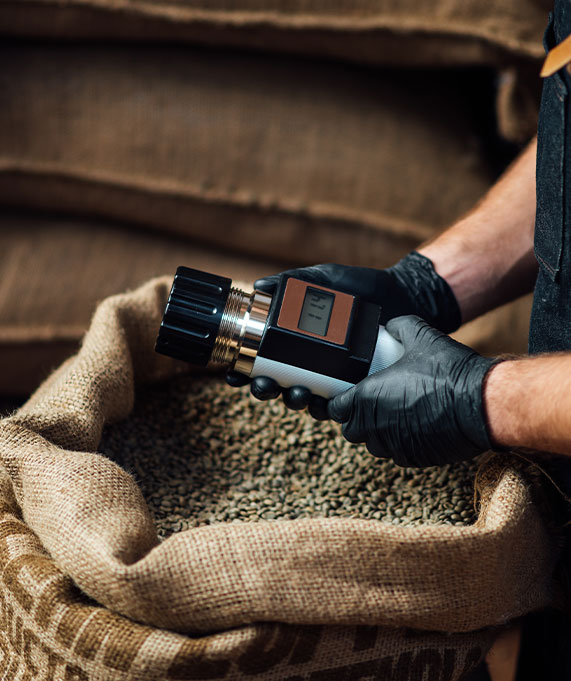 Worker testing bag of ingredients for quality.