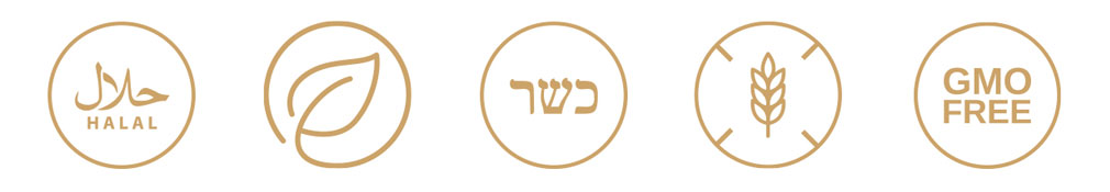 Icons representing Halal, Organic, Kosher, Gluten-free, and non-GMO certifications.
