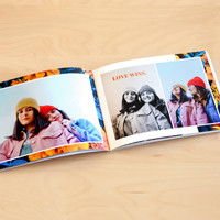 Use layered photos, colored borders and custom text to personalize your 6 x 8 inch softcover volume like a pro