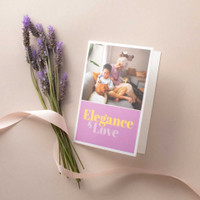 Folded photo card with “Elegance & Love” design, featuring a family photo and styled with lavender.