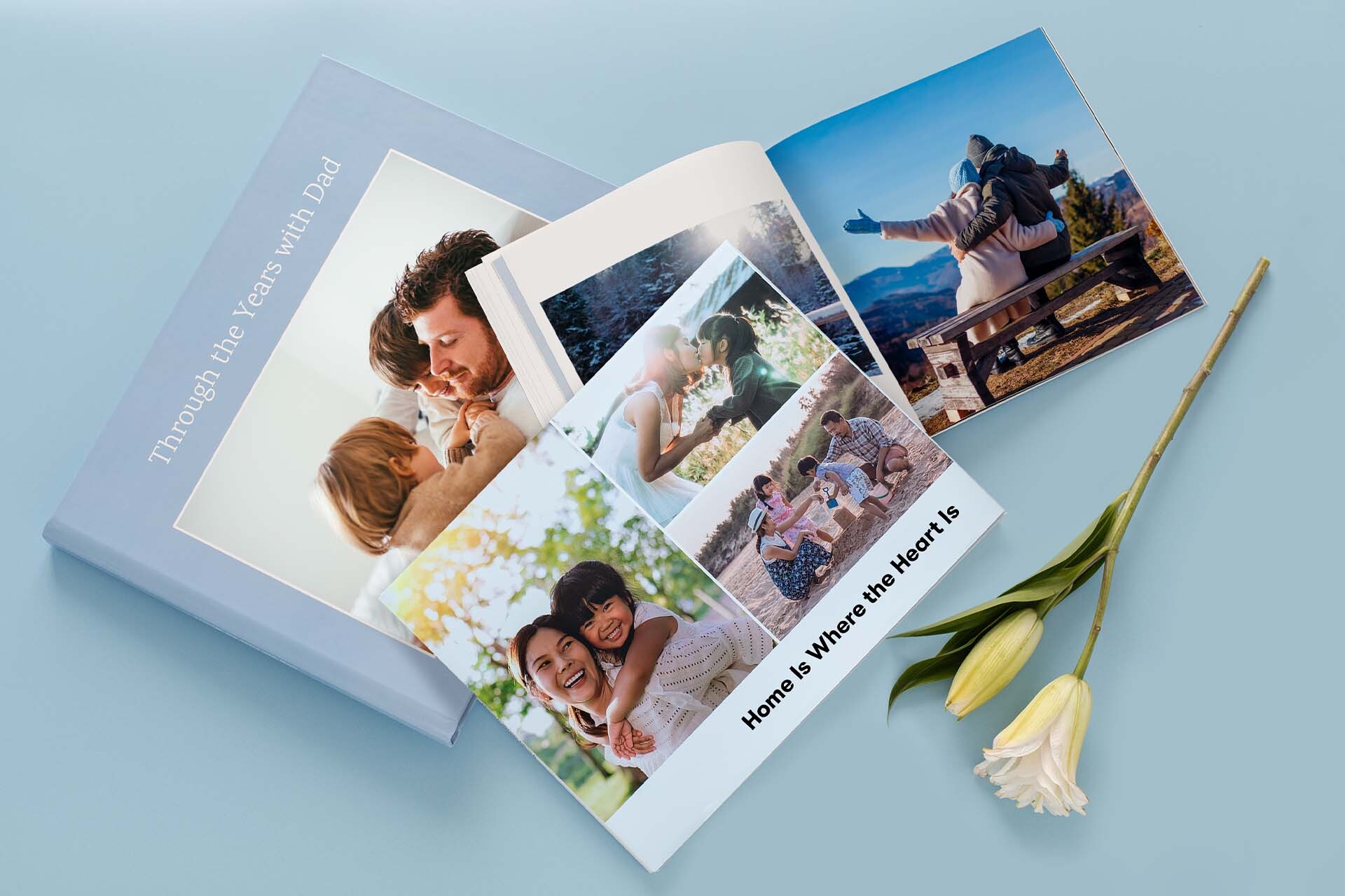 An assortment of custom photo books featuring family memories
