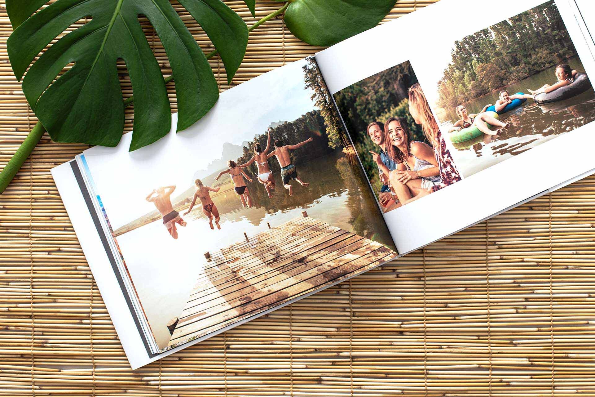 Hardcover photo book filled with vibrant summer memories from a fun day at the lake with friends