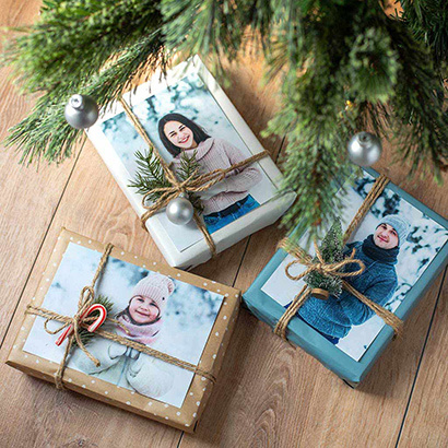 * Matte photo prints beautifully used to decorate holiday gifts, adding a personal and meaningful touch.
