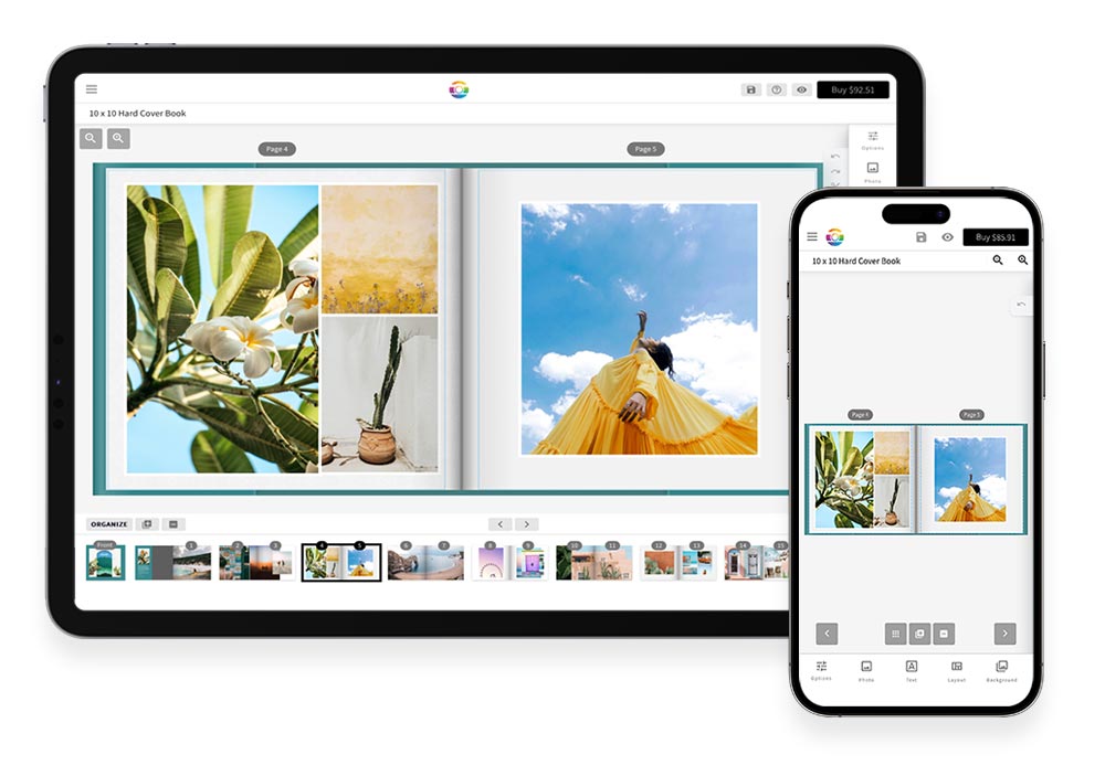 iPad and iPhone displaying Mimeo Photos app with photobook design.