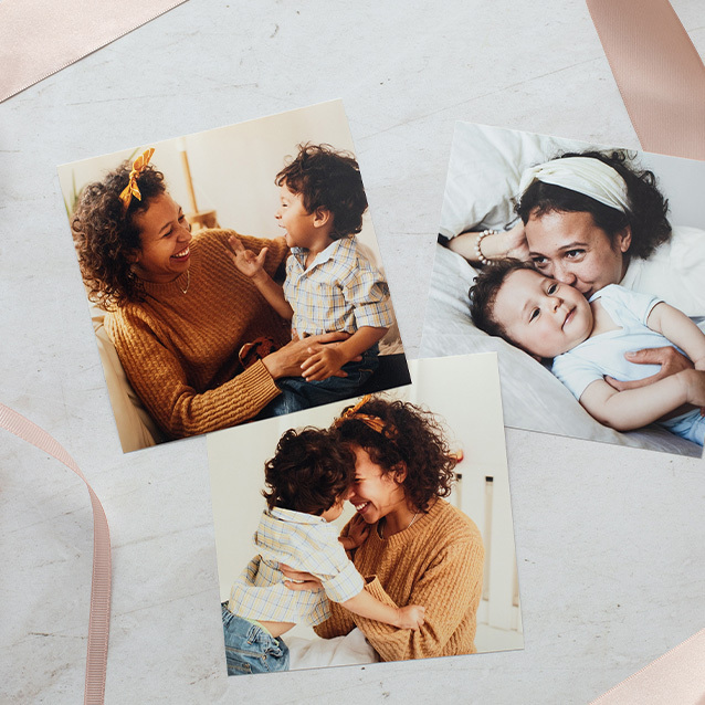 Square photo prints featuring a mother and child sharing joyful, candid moments together.