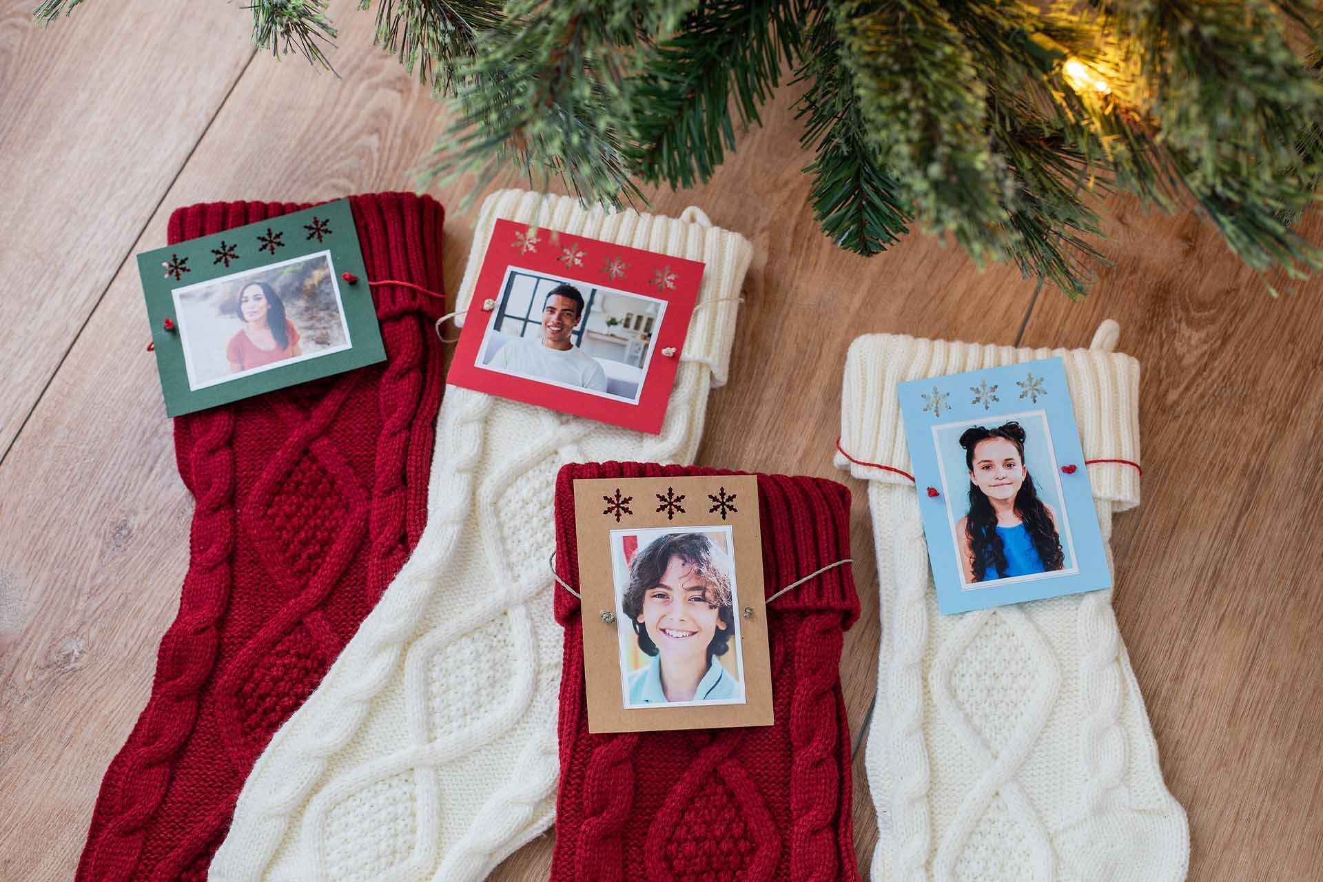 Personalize your Christmas stockings with festive photo prints that make every mantle feel more magical