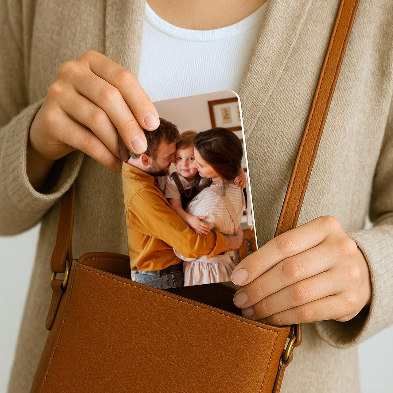 Custom photo memo book with family cover design, portable and easy to carry in a leather purse.