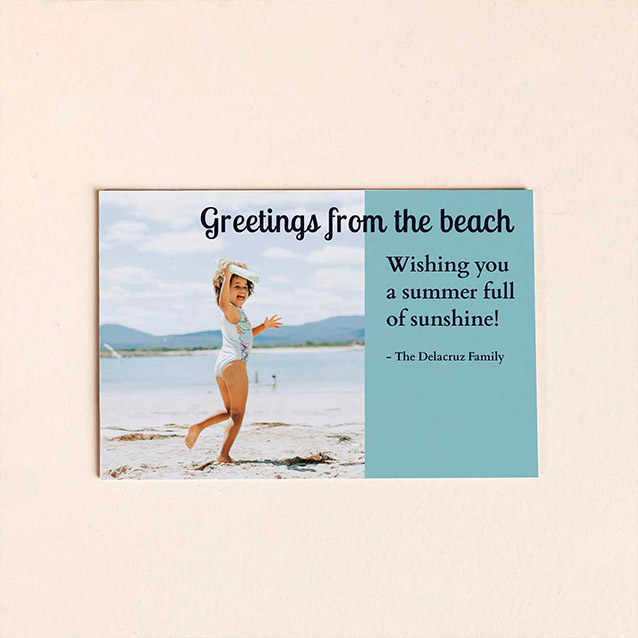 Send a summer beach postcard to keep friends and family updated — explore our beautiful flat card designs