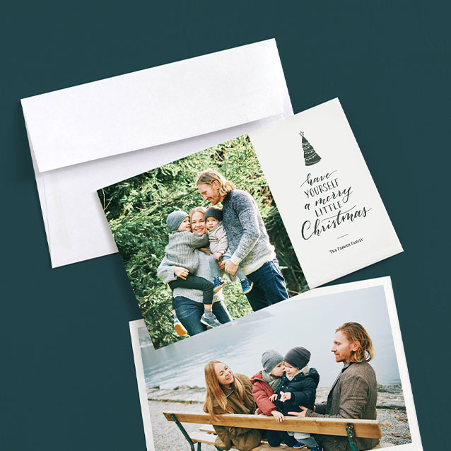 Send heartfelt wishes this season with custom flat holiday cards featuring your favorite family photo and festive message
