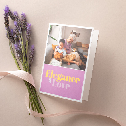 Flat 5x7 Mother's Day photo card featuring a smiling family with the words Elegance and Love