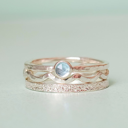 PEI Stack featuring sand band, oceanside wave ring, and gemstone stacking ring