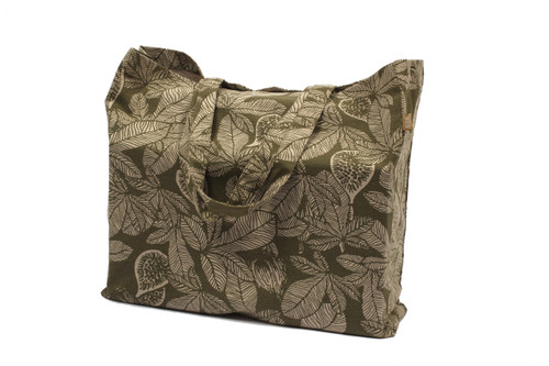 This fashionable and functional tote bag features the Fig Tree design of fruit and leaves.  The tote can be folded into its inside pocket for easy storage. 16 x 12. 100% recyclable cotton, natural dies. This fashionable and functional tote bag features the Fig Tree design of fruit and leaves.  The tote can be folded into its inside pocket for easy storage. 16 x 12. 100% recyclable cotton, natural dies.