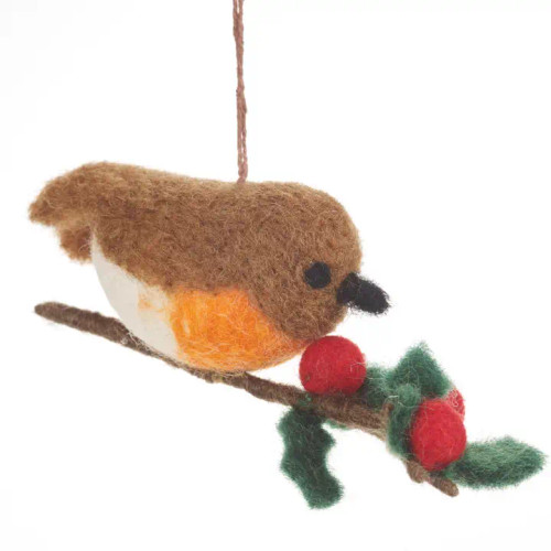 Felted Robin on a Holly Branch