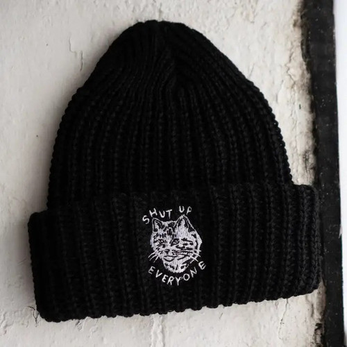 "Shut Up Everyone" Cat chunky knit beanie by Stay Home Club.

