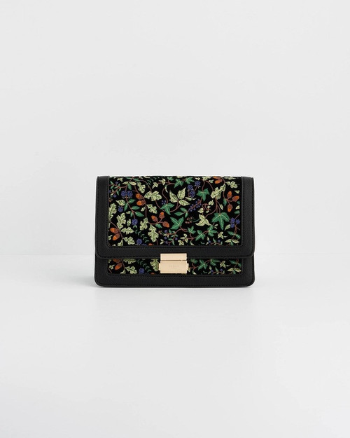 Cathy Embroidered Fold Over Purse in Black Velvet