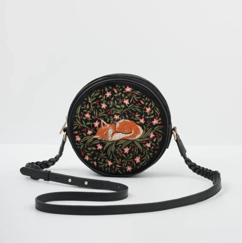 Sleepy Fox Embroidered Circle - Black Velvet
