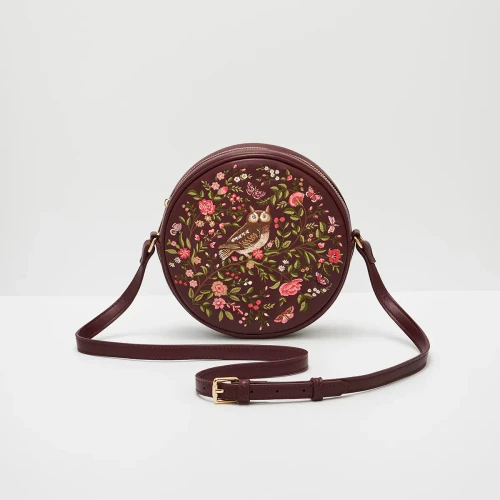 Chloe Owl Embroidered Circle Bag in Burgundy