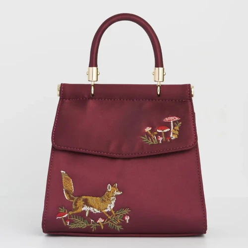 Fox & Mushroom Embroidered Burgundy Satin Tote