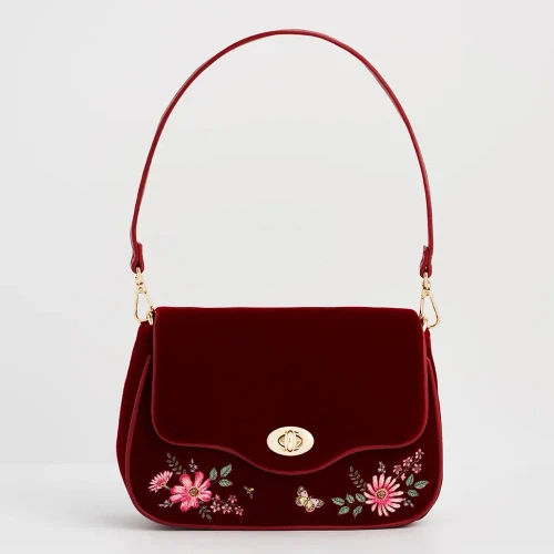 Floral Bloom Red Velvet Embroidered Crossbody