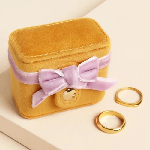 Mustard and Pink Velvet Bow Travel Ring Box