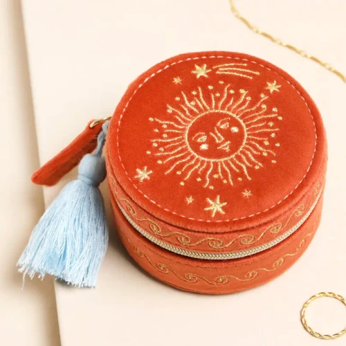 Rust Celestial Velvet Mini Round Travel Jewellery Case