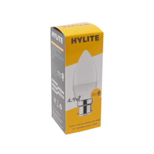 Hylite 4.9W C37 B22(BC) 3000k LED Candle Bulb = 40W 450 Lumens - Box of 10