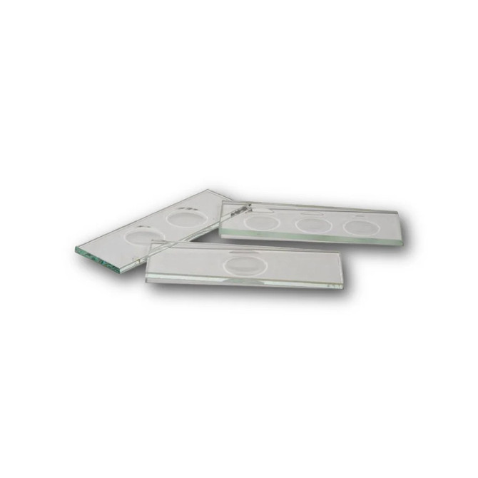 Microscope concavity well depression slides with 1, 2, or 3 wells.