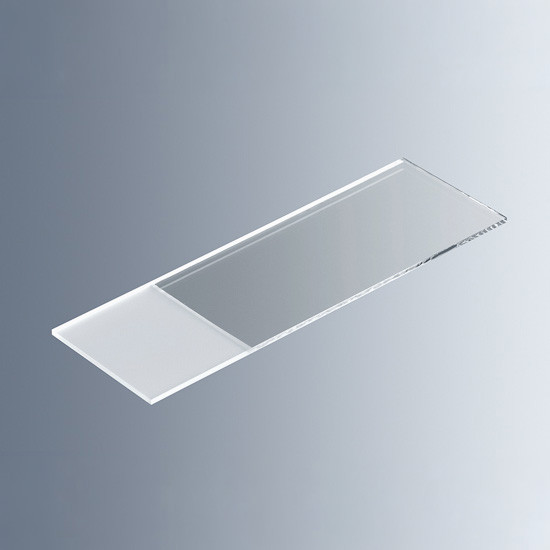 Clear glass microscope slide with frosted end for marking on both sides.