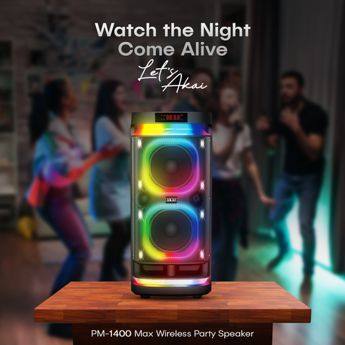 AKAI PM-1400Max Wireless Party Speaker |140W RMS | 8'' x 2  Woofer | Karaoke |Guitar Input | RGB LED Lights | Digital Display |TWS Function