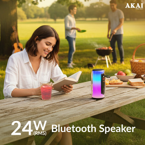 AKAI BD-24 24W RMS Bluetooth Speaker with RGB Lights | Portable Wireless Speaker with TWS, USB, Aux, TF Card | 3600 mAh Battery, 2.5 Inch Driver, Type-C Charging | Up to 5 Hours Playtime