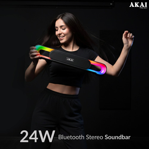 AKAI SB-24 Bluetooth Soundbar 24W RMS | Dual 2.25 Inch Drivers | RGB LED Lights | Bluetooth V5.3 | TWS, USB, Aux, TF Card Support | 2400 mAh Battery | Type-C Charging | Up to 5 Hours Playtime