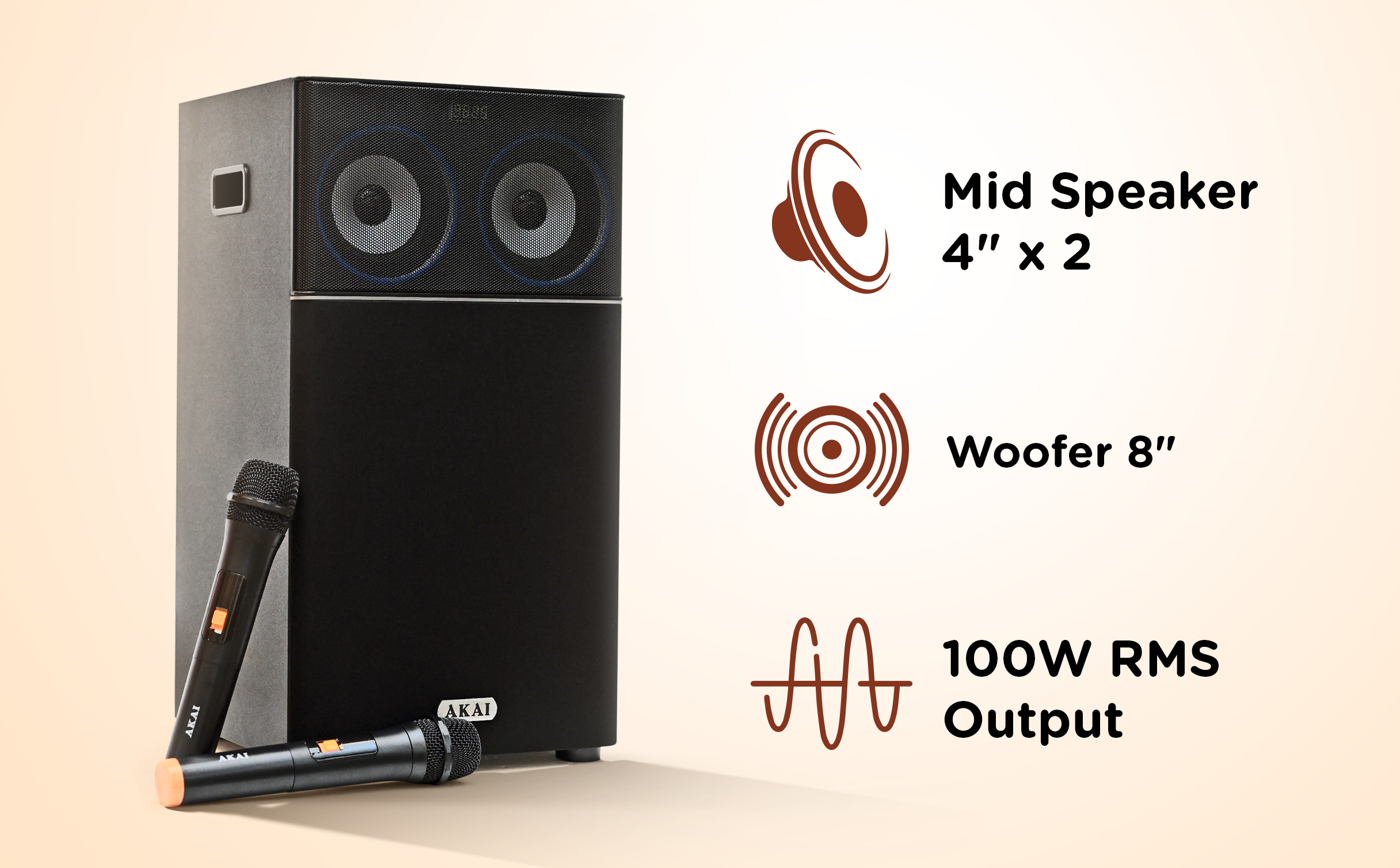 Akai Bluetooth Party Speaker with Dual Wireless Mic UltraBoom-100