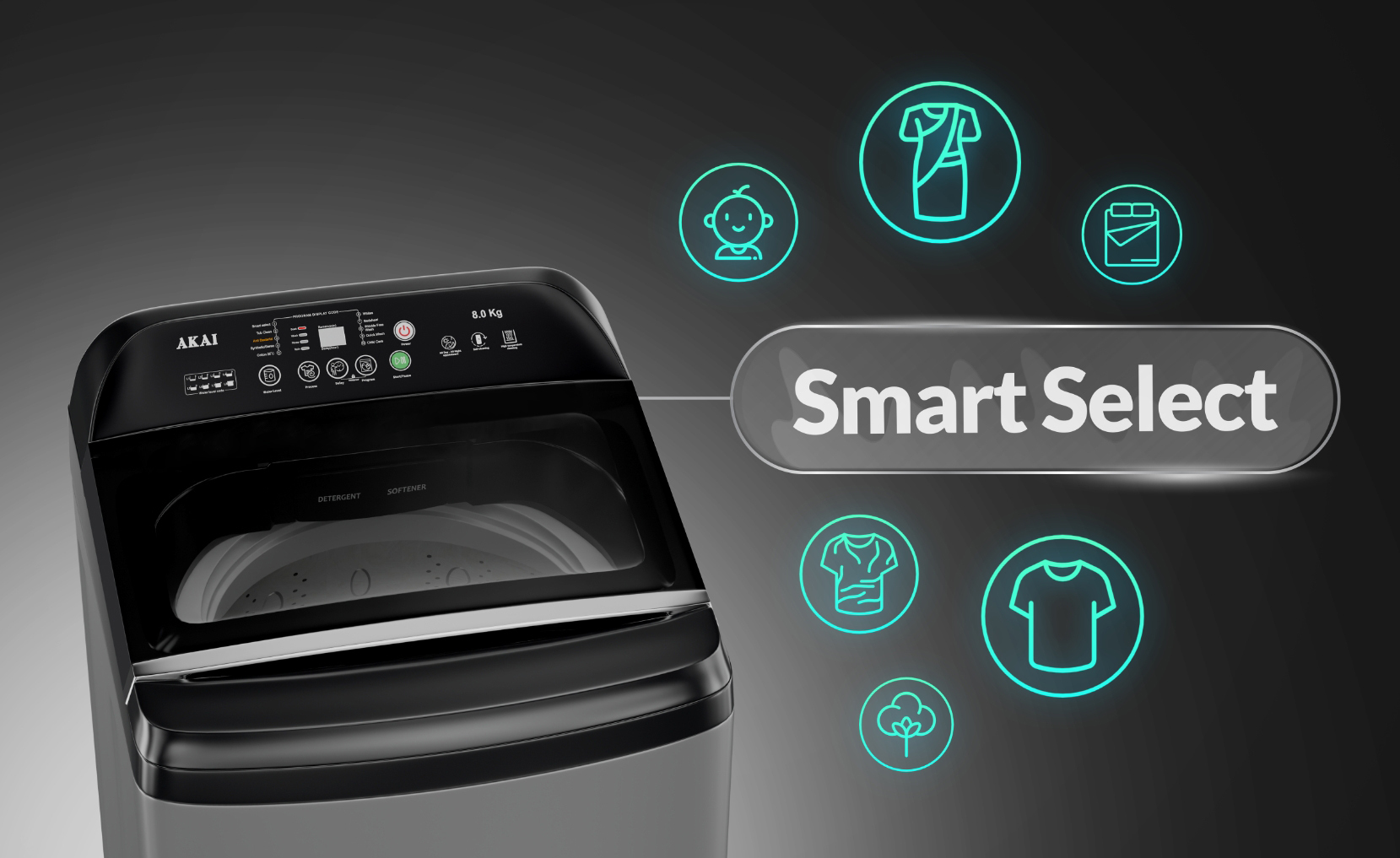 Akai 8 KG Fully Automatic Top Load Washing Machine (Dark Grey)