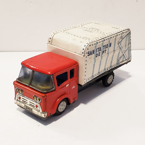 Vintage 1950's Japan Mitsuhashi Tin Litho Friction Toy Sanitation Dept. Garbage Truck