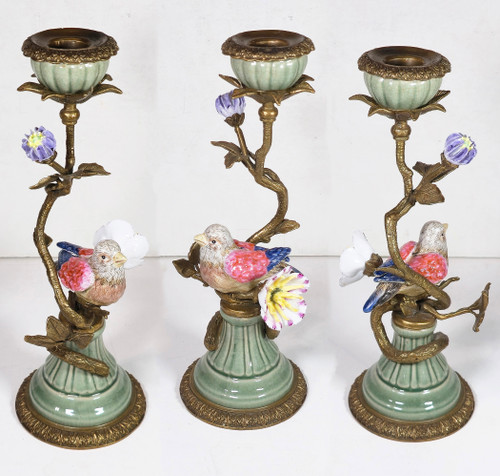 Mark Roberts French Style Porcelain and Bronze Bird & Flowers Candlestick Holders (Set of 3)