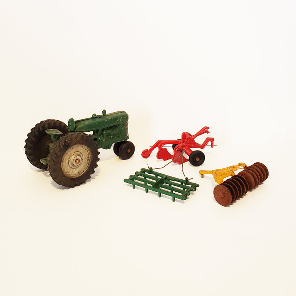 Vintage 1950's Original Slik-Toy Cast Metal Tractor w/ Accessories