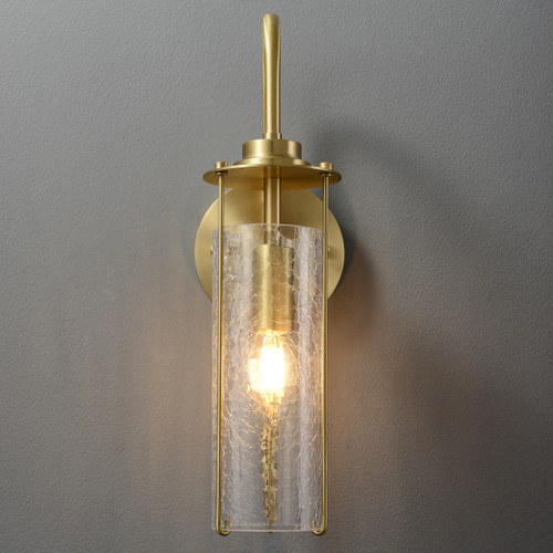 Front view of an illuminated Crackle Glass Wall Sconce wall light, emphasizing the unique texture of the cylindrical crackle glass shade and the metal fixings at the top and bottom.