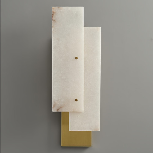 An Overlapping Alabaster Sconce wall light, showing the layered rectangular alabaster panels and the metal base when unlit.