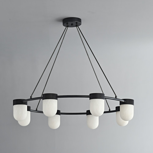 An unlit round chandelier from the Erica Alabaster series, featuring a black metal ring structure, viewed from below showing eight suspended natural alabaster shades.