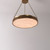 An illuminated Ribbed Disc Alabaster Brass Pendant light, with light softly diffusing from the alabaster disc center, showing the details of the ribbed brass frame.