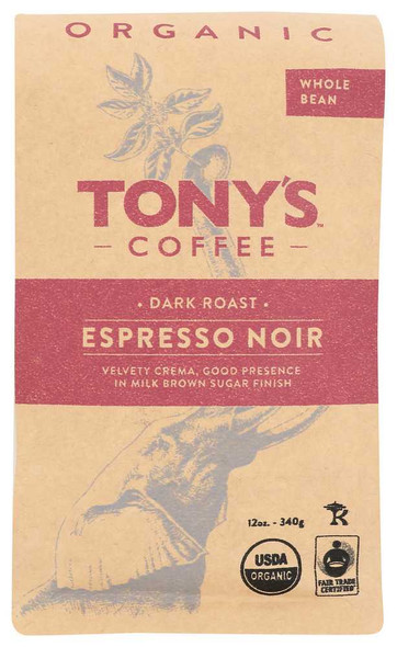 TONYS COFFEE: Espresso Noir Dark Roast Whole Bean Coffee, 12 oz New