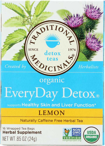 TRADITIONAL MEDICINALS: Organic Everyday Detox Lemon Caffeine Free Herbal Tea 16 Tea Bags, 0.85 oz New