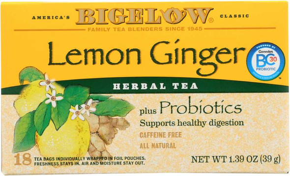 BIGELOW: Lemon Ginger Herbal Tea Probiotics 18 Bags, 1.39 oz New