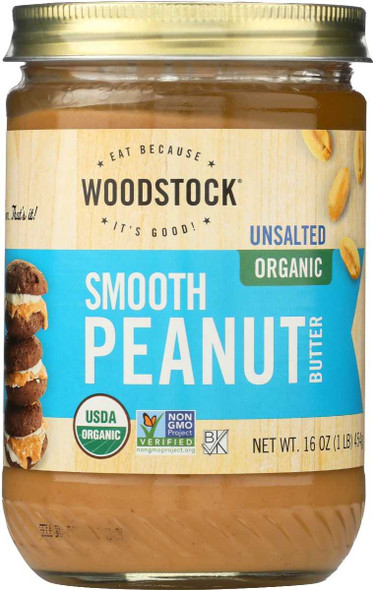 WOODSTOCK: Peanut Butter Smooth & Unsalted Organic, 16 oz New