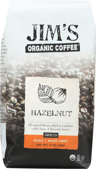 JIM'S ORGANIC COFFEE: Hazelnut Ground, 12 oz New