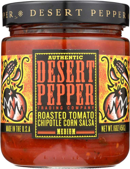 DESERT PEPPER: Roasted Tomato Chipotle Corn Medium Hot Salsa, 16 oz New